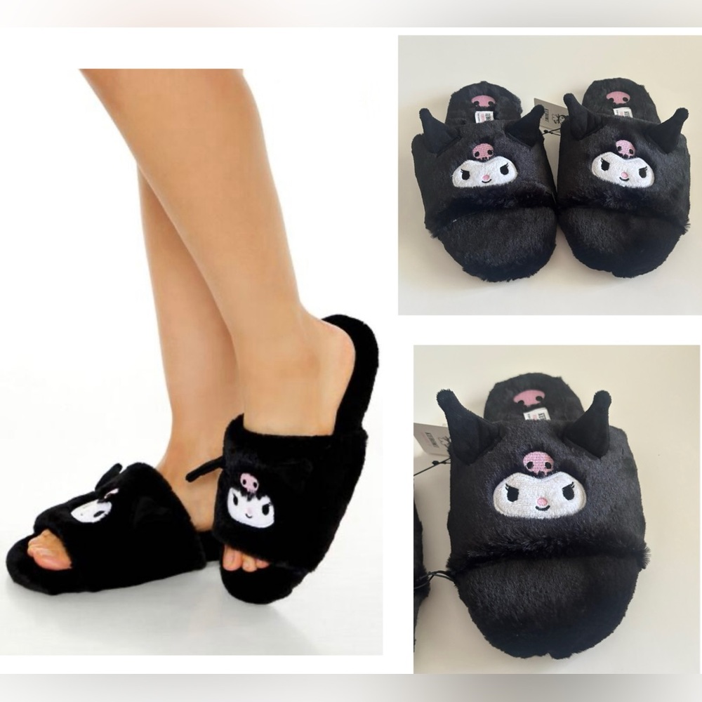 NWT Sanrio women's open toe fuzzy furry Kuromi slippers with 3d Ears, M (7/8)
